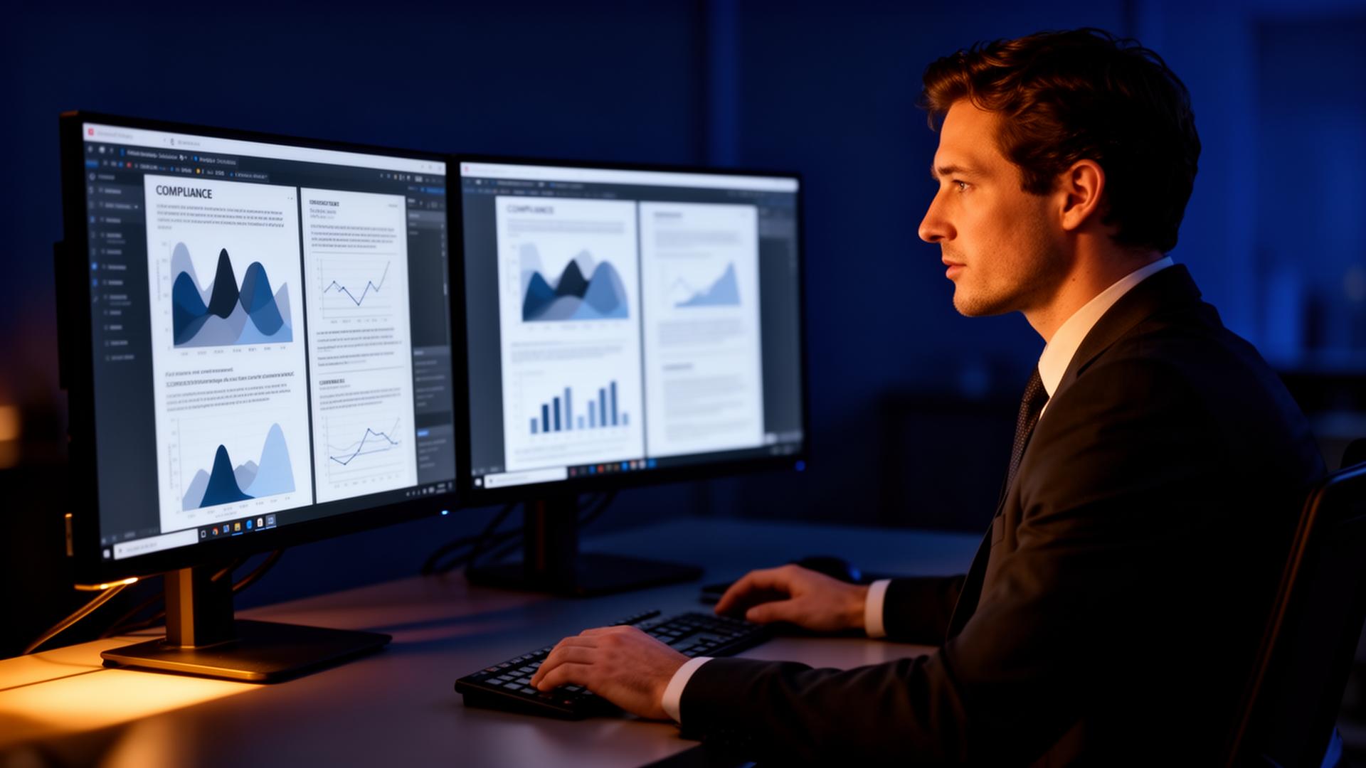 Compliance officer reviewing evidence dashboards